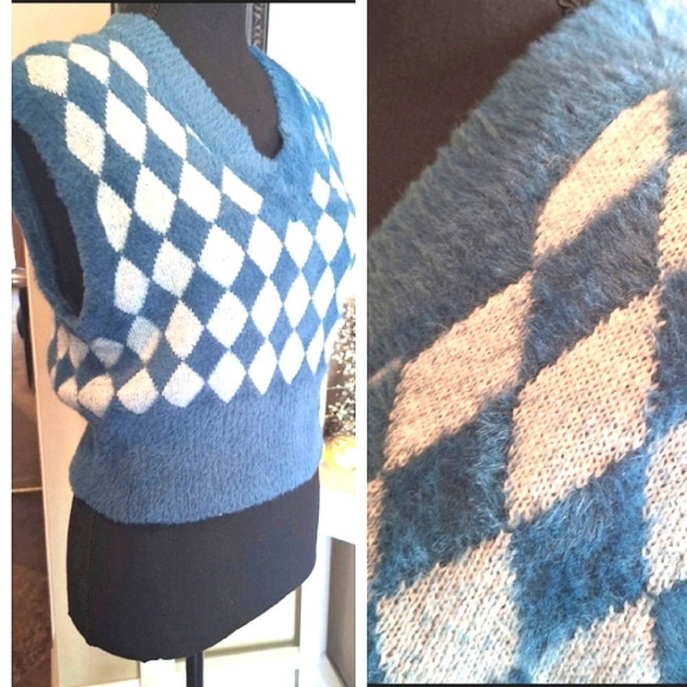 Sincerely Jules argyle preppy fuzzy sweater vest xs small med - Picture 1 of 16